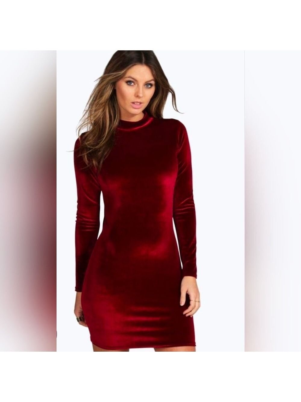 Red Velvet Mock Neck Long Sleeve Bodycon Mini Dress Party Cocktail Large